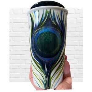 Starbucks Peacock Feather Design Ceramic Travel Coffee Cup Collector Colorful